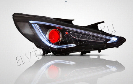 Hyundai Sonata (10-14) линзовые передние черные фары, тюнинг, комплект 2 шт.