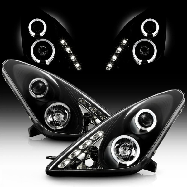Toyota Celica 2000-2005 фары передние линзованные черные с ангельскими глазками и DRL ходовыми огнями