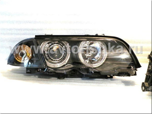 BMW 3 E46 (98-01) 4 дв. фары передние линзовые черные, со светящимися ободками, с поворотниками, с мотором электрокорректора, комплект лев.+прав.