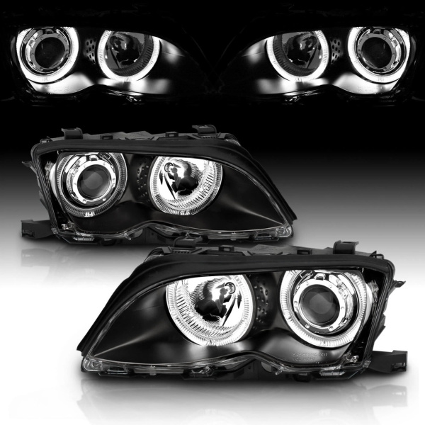 BMW E46 (01-04) фары передние линзовые черные, со светящимися ободками, с моторами электрокорректора