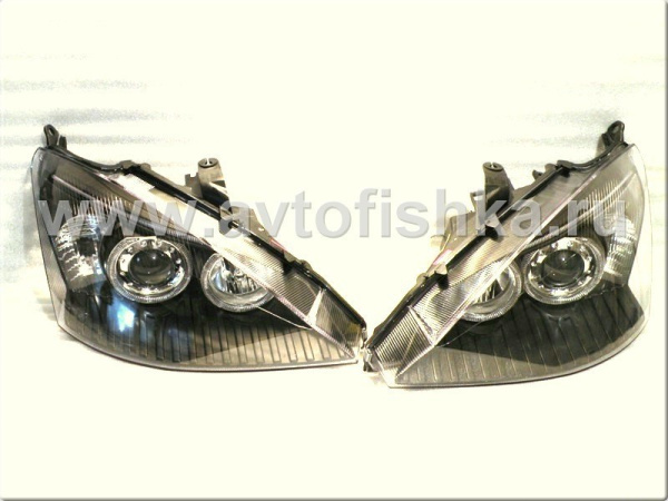 Ford Focus 1 (98-04) Europe+USA фары передние линзовые черные, со светящимися ободками, под ксенон, комплект 2 шт.