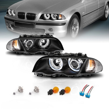 BMW 3 E46 (1998-2001) 4 дв. фары передние линзовые черные, со светящимися ободками, с поворотниками
