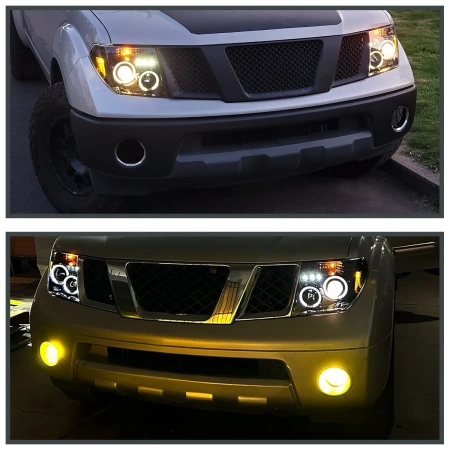 Nissan Pathfinder III, Navara (05-10) фары передние линзовые черные, со светящимися ободками, комплект 2 шт.