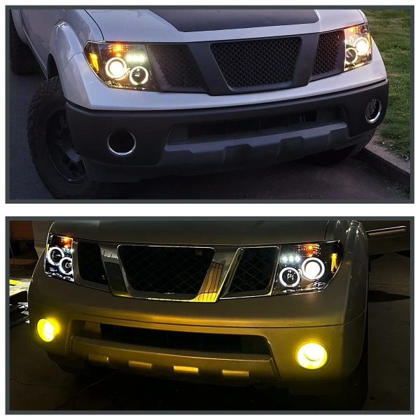 Nissan Pathfinder III, Navara (05-10) фары передние линзовые черные, со светящимися ободками, комплект 2 шт.