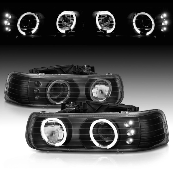 Chevrolet Tahoe C10 (1999-2006) черные передние фары со светящимися ободками, тюнинг