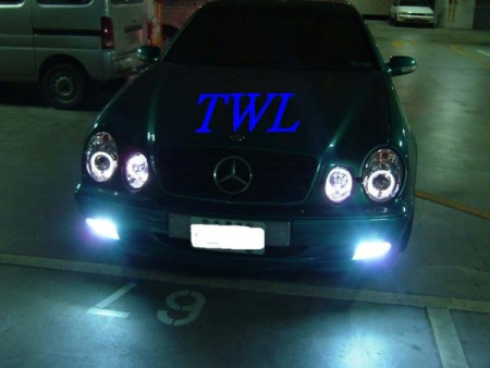 Mercedes CLK W208 (98-02) фары передние линзованные хромированные, со светящимися ободками, комплект 2 шт.