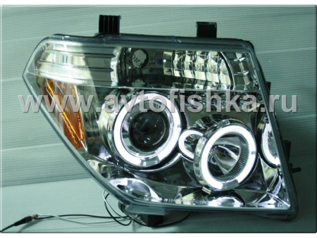Nissan Pathfinder III, Navara (05-10) фары передние линзовые хромированные, со светящимися ободками, комплект 2 шт.
