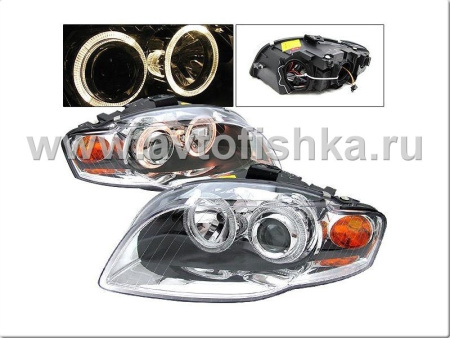 Audi A4 (05-07) фары передние линзовые хромированные, со светящимися ободками, под электрокорректор, комплект 2 шт.
