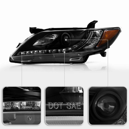 Toyota Camry XV40 дорестайл (2006-2009) тюнинговые передние черные фары со светодиодной подсветкой ДХО