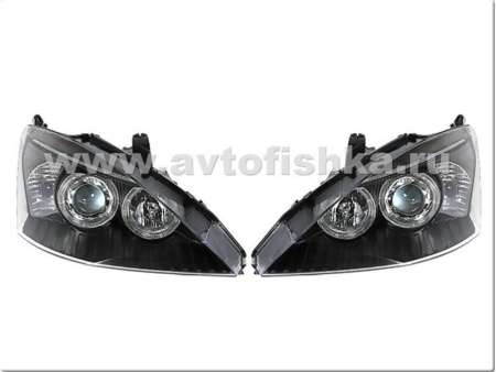 Ford Focus 1 (98-04) Europe+USA передние фары линзовые черные, со светящимися ободками, комплект 2 шт.