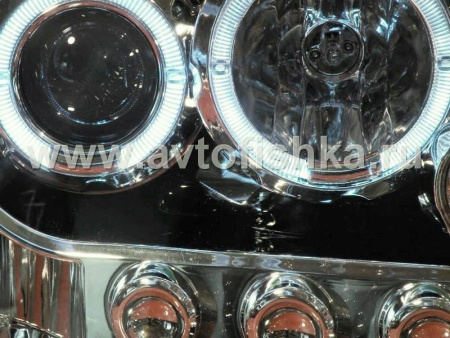 Mitsubishi Pajero 3 (2000-2006) фары передние линзовые хромированные со светящимися ободками, комплект 2 шт.