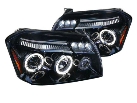 Dodge Magnum (05-08) фары передние линзовые черные, со светящимися ободками и светодиодной подсветкой, комплект 2 шт.