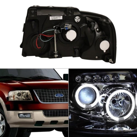Ford Expedition (03-06) фары передние линзовые хромированные со светящимися ободками, со светодиодной подсветкой, комплект 2 шт.