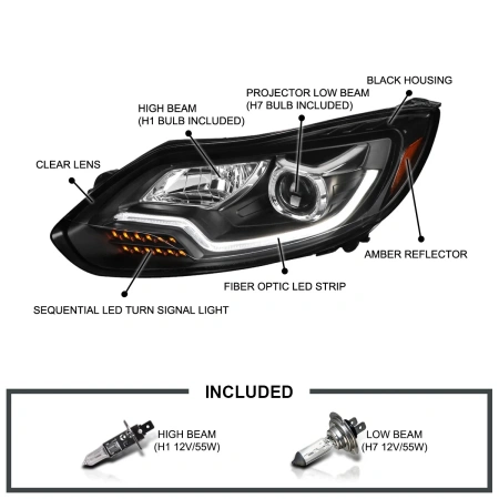 Ford Focus 3 (11-13) тюнинговые фары линзовые со светящейся полосой, черные
