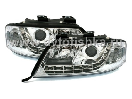 Audi A6 (01-03) фары передние линзовые хромированные, со светодиодной подсветкой, комплект 2 шт.