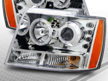 Chevrolet Tahoe, Avalanche (07-) фары передние линзовые хромированные, со светящимися ободками и светодиодной подсветкой, комплект 2 шт.