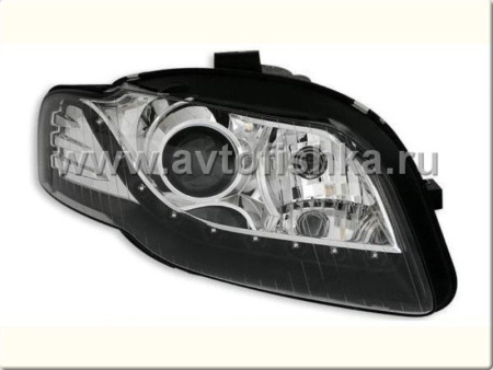 Audi A4 (05-07)передние линзовые черные фары, со светодиодной подсветкой, с электрокорректором, комплект 2 шт.