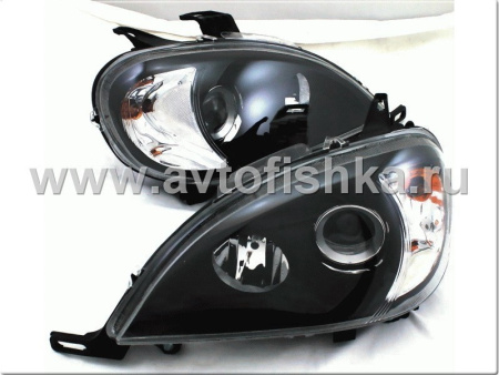 Mercedes ML W163 (98-05) фары передние линзовые черные, со светящимися ободками, с электрокорректором, комплект 2 шт.