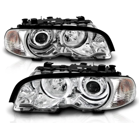 BMW 3 E46 (98-01) купе фары передние линзовые хромированные, со светящимися ободками, с поворотниками, с мотором электрокорректора, комплект лев.+прав.