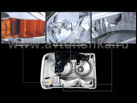 Chevrolet Tahoe, Suburban, Silverado (99-06) тюнинг комплект - фары передние хромированные, со светящимися ободками и решетка радиатора хромированная, установочный комплект