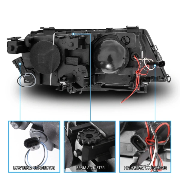 BMW E46 (01-04) фары передние линзовые черные, со светящимися ободками, с моторами электрокорректора