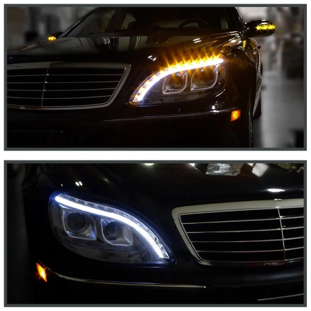 Mercedes S W220 (98-05) фары передние линзовые хромированные, с подсветкой DRL
