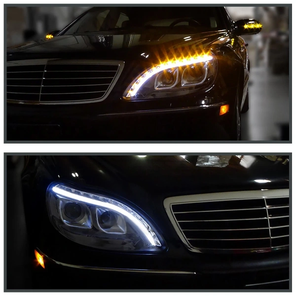 Mercedes S W220 (98-05) фары передние линзовые хромированные, с подсветкой DRL