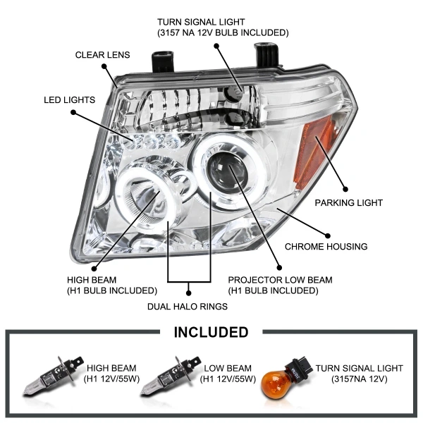 Nissan Pathfinder III, Navara (05-10) фары передние линзовые хромированные, со светящимися ободками, комплект 2 шт.