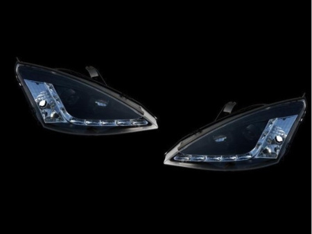 Ford Focus 1 (01-04) Europe+USA фары передние линзовые черные, со светодиодной подсветкой, комплект 2 шт.
