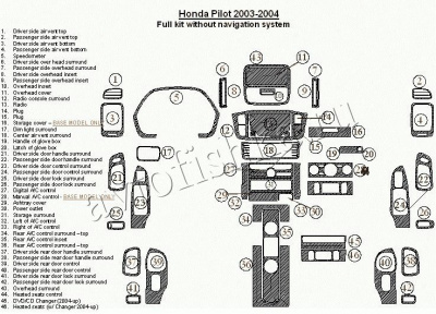 Декоративные накладки салона Honda Pilot 2003-2004 полный набор, без навигации, 42 элементов.