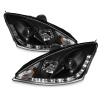Ford Focus 1 (2000-2004) передние фары линзованные черные, со светодиодной подсветкой ДХО