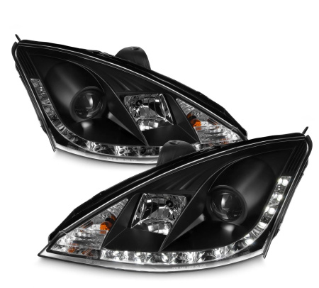 Ford Focus 1 (2000-2004) передние фары линзованные черные, со светодиодной подсветкой ДХО