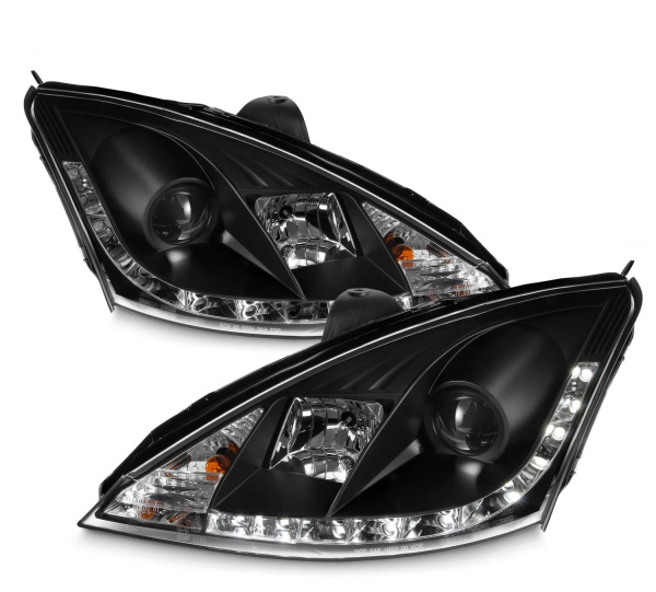 Ford Focus 1 (2000-2004) передние фары линзованные черные, со светодиодной подсветкой ДХО