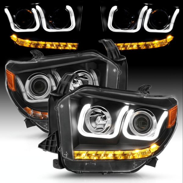 Toyota Tundra (2014-2017) передние фары чёрные с U-образным LED и квадратным проектором (Switchback)
