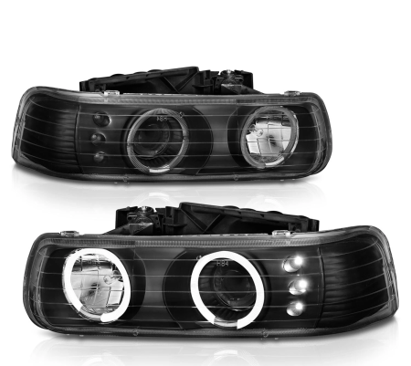 Chevrolet Tahoe C10 (1999-2006) черные передние фары со светящимися ободками, тюнинг