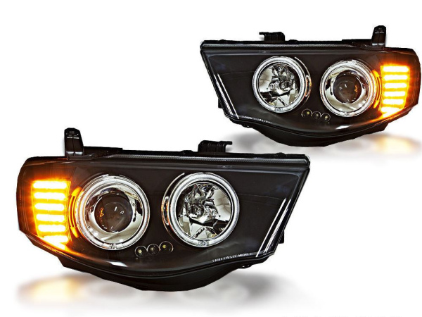 Mitsubishi L200 Triton (05-) фары передние линзовые внутри черные, со светящимися ободками, комплект 2 шт.