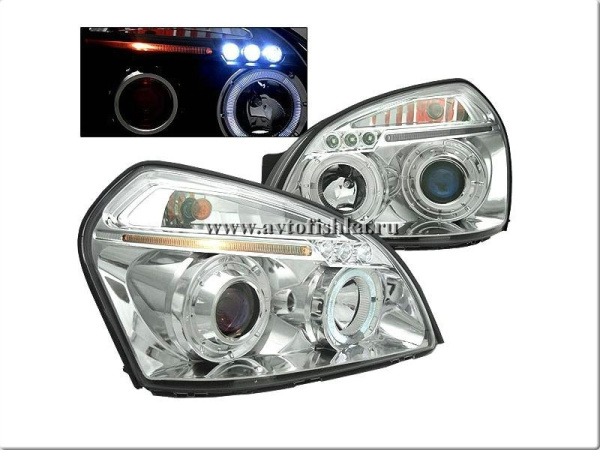 Hyundai Tucson (04-) фары передние хромированные, со светящимися ободками и светодиодным габаритными огнями, комплект 2 шт.