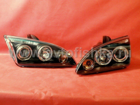 Ford Focus 2 (05-07) передние линзовые черные фары, со светящимися ободками, комплект 2 шт.