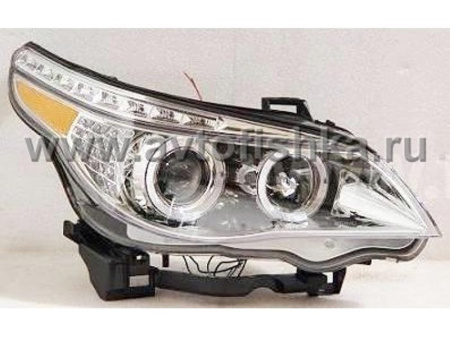 BMW 5 series E60 (03-07) фары передние хромированные со светящимися ободками, линзовые светодиодные с желтыми рефлекторами