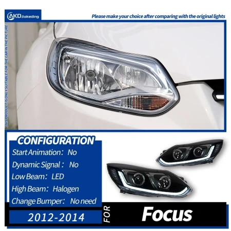 Ford Focus 3 (11-13) передние фары черные линзовые с DRL диодной подсветкой, 2 шт.