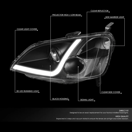 Honda Civic, Ferio (01-03) фары передние линзовые черные, седан/купе