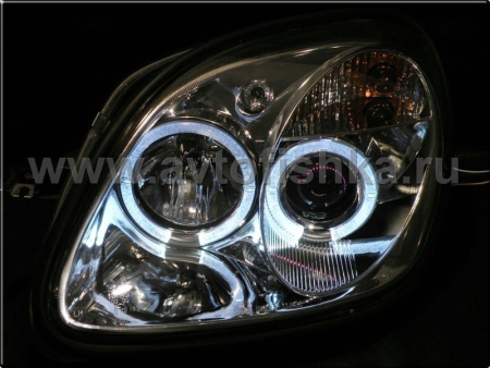 Mercedes SLK R170 (98-04) фары передние линзовые хромированные, со светящимися ободками, комплект 2 шт.