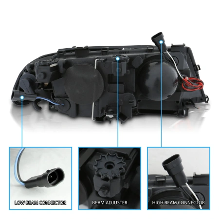 BMW 3 E46 (98-01) купе фары передние линзовые хромированные, со светящимися ободками, с поворотниками, с мотором электрокорректора, комплект лев.+прав.