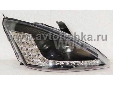 Ford Focus (00-04) фары передние черные с DRL, линзовые cветодиодные.