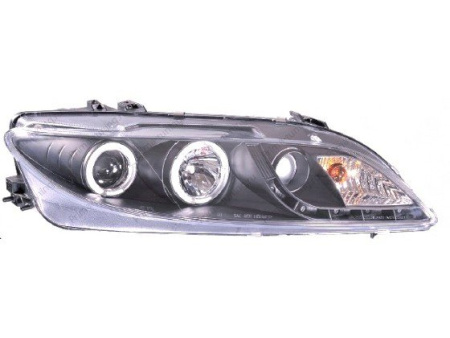 Mazda 6 (2002-2007) тюнинговые передние черные линзовые фары, со светящимися ободками и подсветкой DRL, комплект 2 шт.