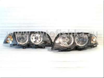 BMW 3 E46 (98-01) 4 дв. фары передние линзовые черные, со светящимися ободками, с поворотниками, с мотором электрокорректора, комплект лев.+прав.