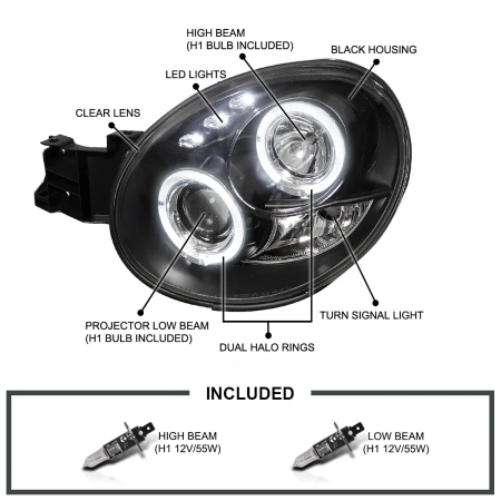 Subaru Impreza GD, GG (00-02) фары передние черные, со светящимися ободками, линзовые