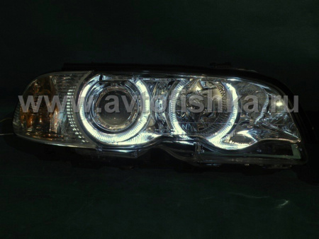 BMW 3 E46 (98-01) 2 дв. фары передние линзовые хромированные, со светящимися ободками, с поворотниками, с мотором электрокорректора, комплект лев.+прав.