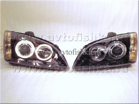 Ford Focus 2 (05-07) фары передние линзовые черные, под корректор, со светящимися ободками, комплект 2 шт.