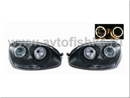 Volkswagen Golf 5 (03-) фары передние линзовые черные, со светящимися ободками, под корректор, комплект 2 шт.